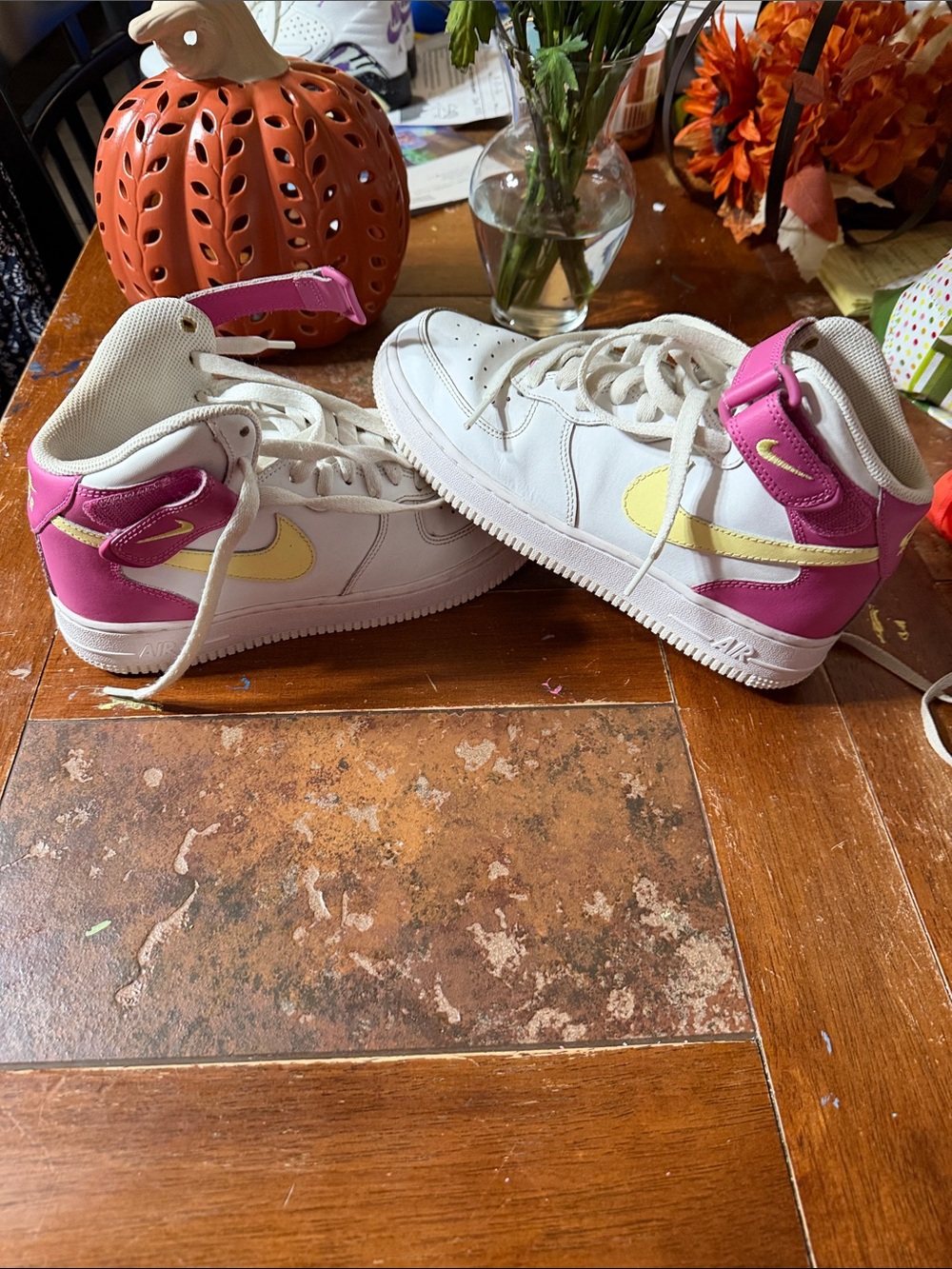 Kids White and Pink Nike Air Force 1 High-Top Sneakers with Yellow Accent